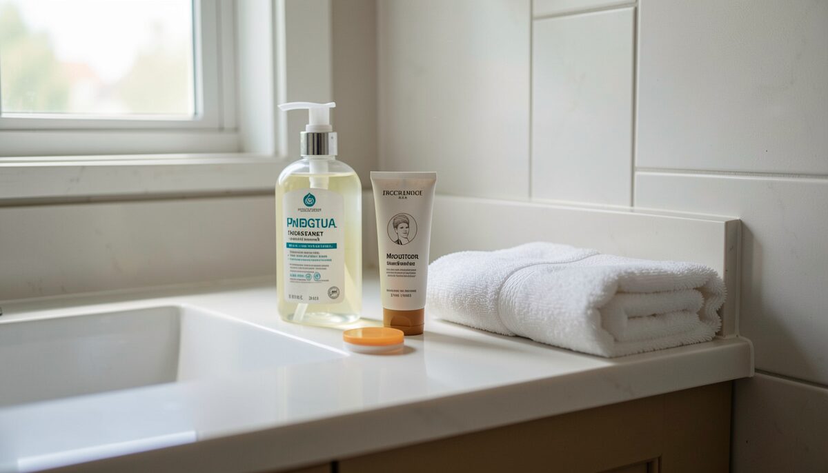 Bathroom counter with cleanser, moisturizer, sunscreen, and a folded towel in natural light