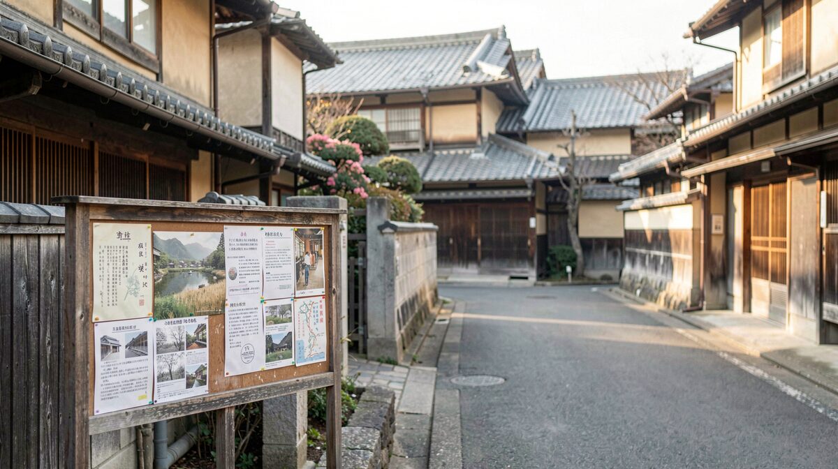 A quiet Japanese neighborhood street in Himeji in soft morning light, with a small community notice board in the foreground and traditional tiled roofs in the background, framed as a wide, calm shot.