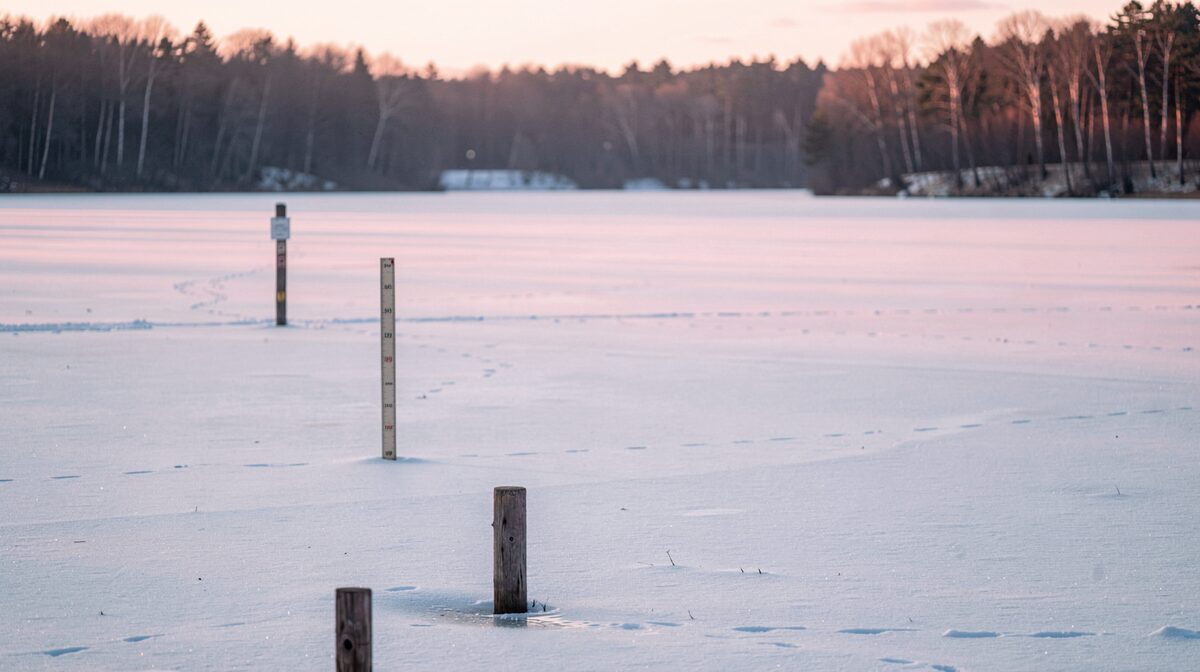 A frozen lake at dawn with soft pink light, framed wide to show pale ice stretching to a tree-lined shore, a wooden measuring post in the foreground.